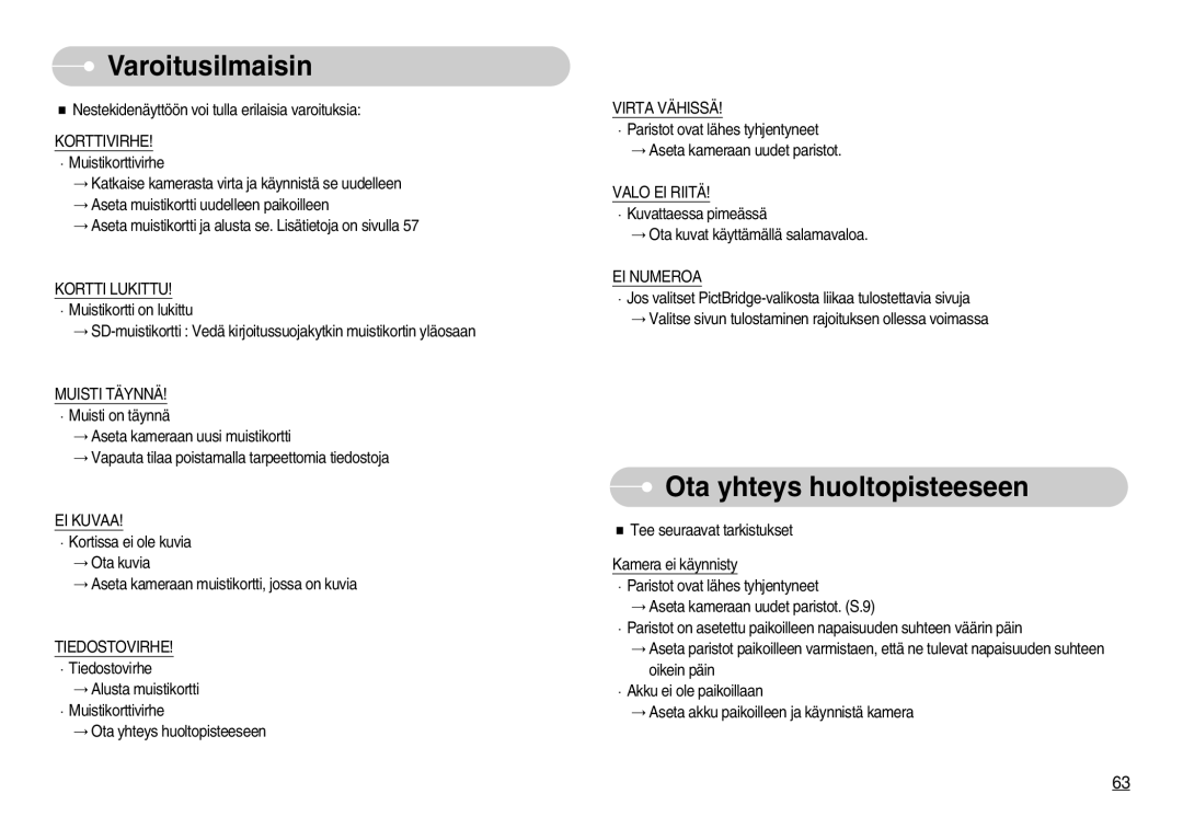 Samsung EC-S800ZBBA/E2 manual Varoitusilmaisin, Ota yhteys huoltopisteeseen 