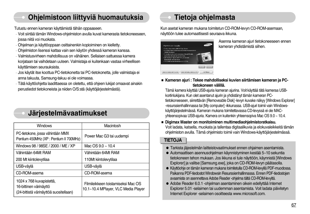 Samsung EC-S800ZBBA/E2 manual Ohjelmistoon liittyviä huomautuksia, Järjestelmävaatimukset, Tietoja ohjelmasta 