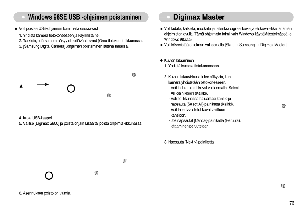 Samsung EC-S800ZBBA/E2 manual Digimax Master, Windows 98SE USB -ohjaimen poistaminen 