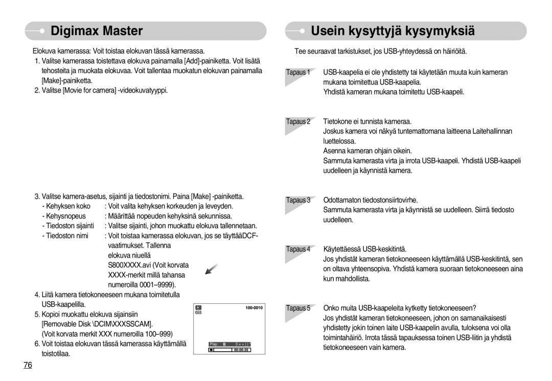 Samsung EC-S800ZBBA/E2 manual Usein kysyttyjä kysymyksiä 