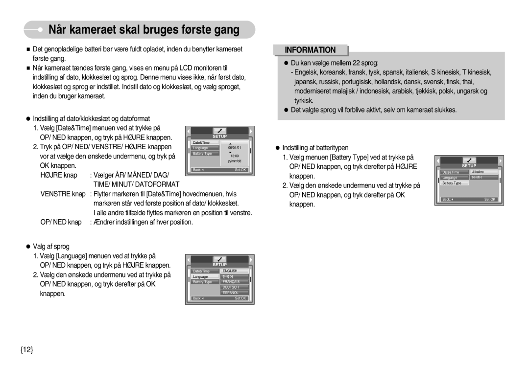 Samsung EC-S800ZBBA/E2 manual Når kameraet skal bruges første gang, TIME/ MINUT/ Datoformat 