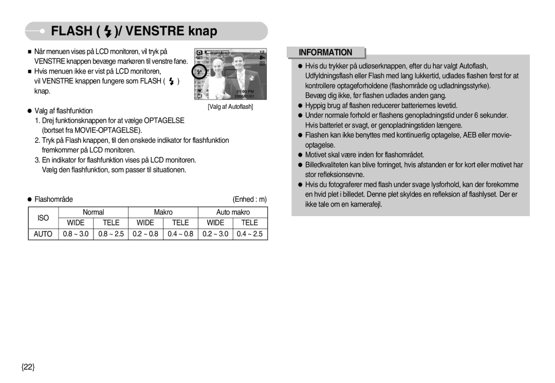 Samsung EC-S800ZBBA/E2 manual Flash / Venstre knap, Wide Tele Auto 