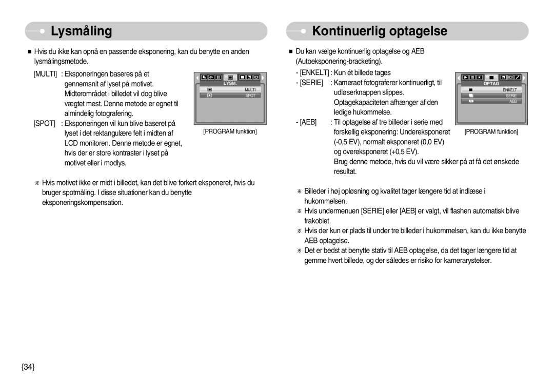 Samsung EC-S800ZBBA/E2 manual Lysmåling, Kontinuerlig optagelse 