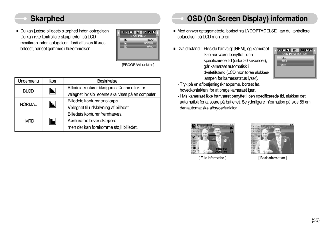 Samsung EC-S800ZBBA/E2 manual Skarphed, OSD On Screen Display information 