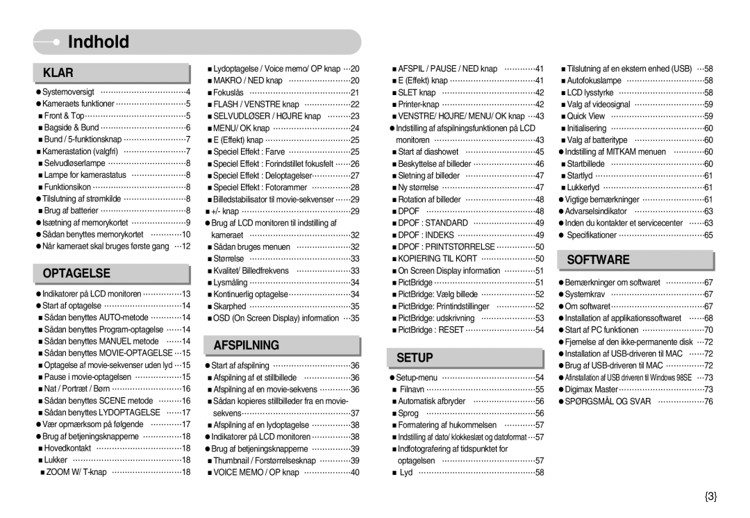 Samsung EC-S800ZBBA/E2 manual Indhold, Klar 