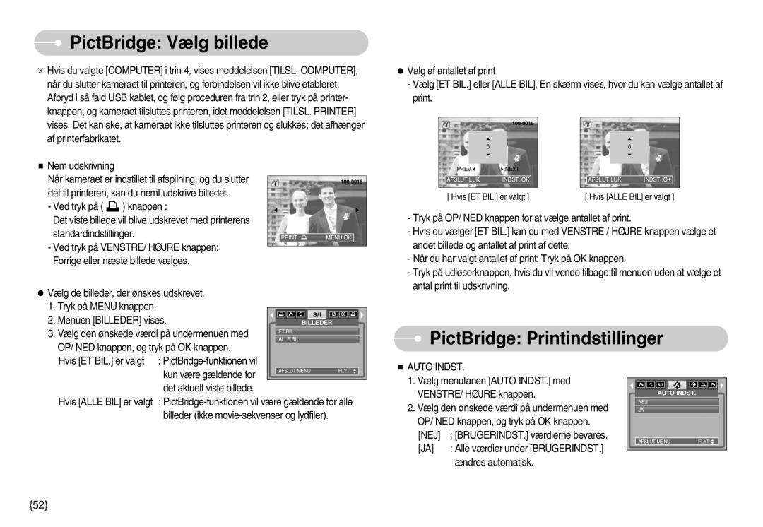 Samsung EC-S800ZBBA/E2 manual PictBridge Vælg billede, PictBridge Printindstillinger 