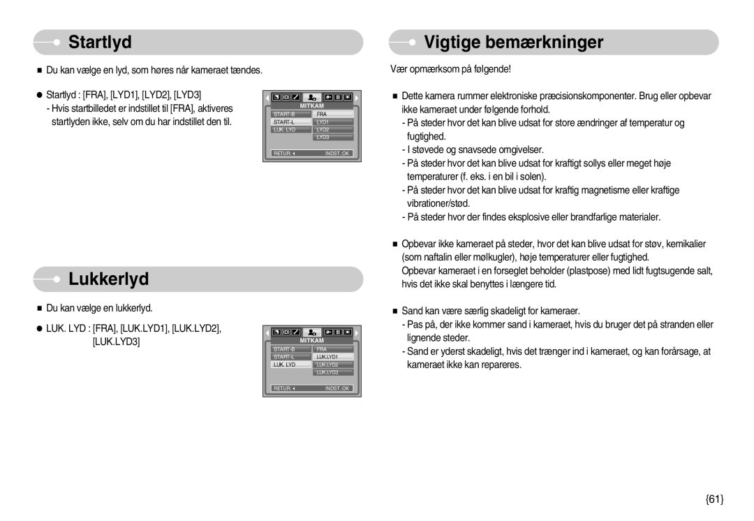 Samsung EC-S800ZBBA/E2 manual Startlyd, Vigtige bemærkninger, Lukkerlyd 