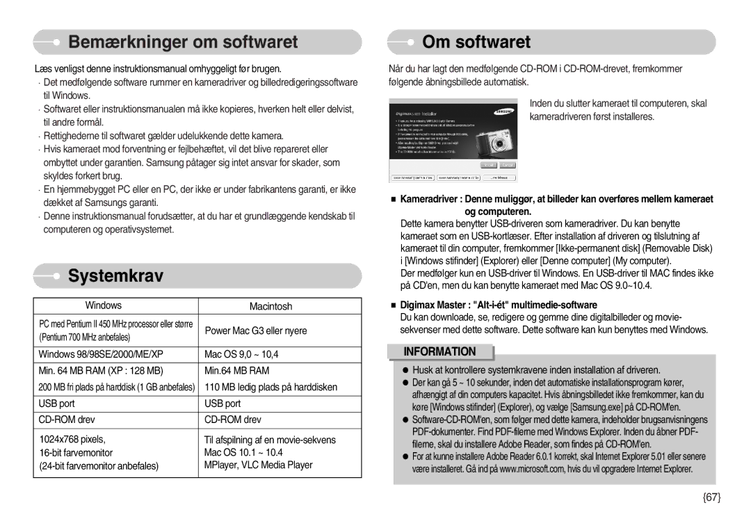 Samsung EC-S800ZBBA/E2 manual Bemærkninger om softwaret, Systemkrav, Om softwaret 