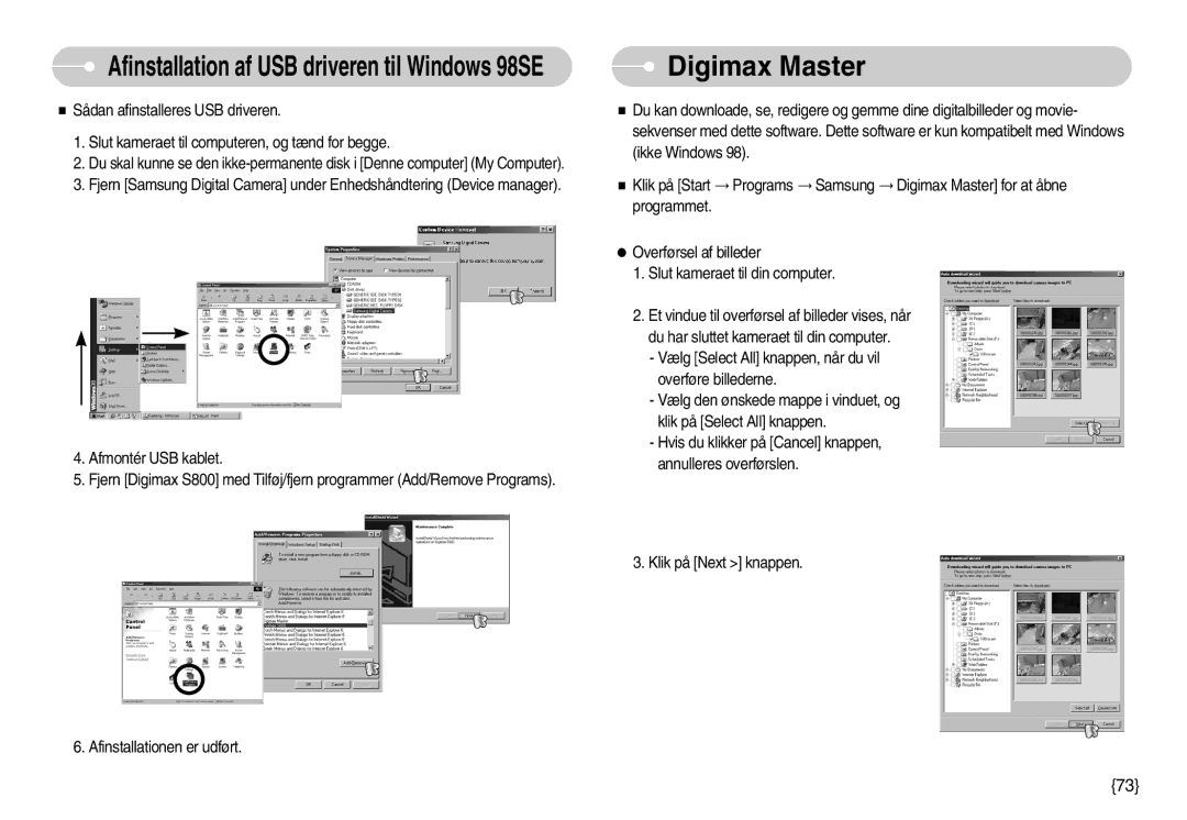 Samsung EC-S800ZBBA/E2 manual Digimax Master, Afinstallation af USB driveren til Windows 98SE 