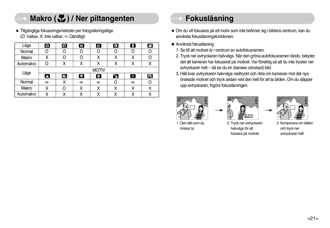 Samsung EC-S800ZBBA/E2 manual Makro / Ner piltangenten, Fokuslåsning 