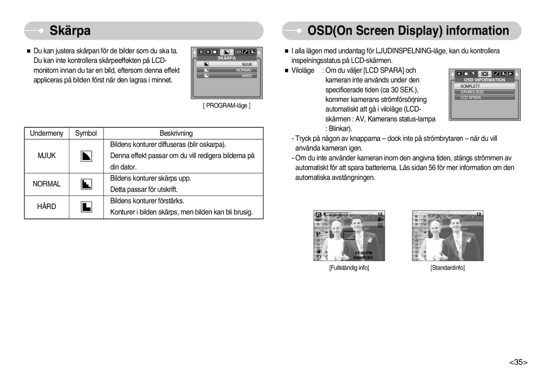 Samsung EC-S800ZBBA/E2 manual Skärpa, OSDOn Screen Display information 