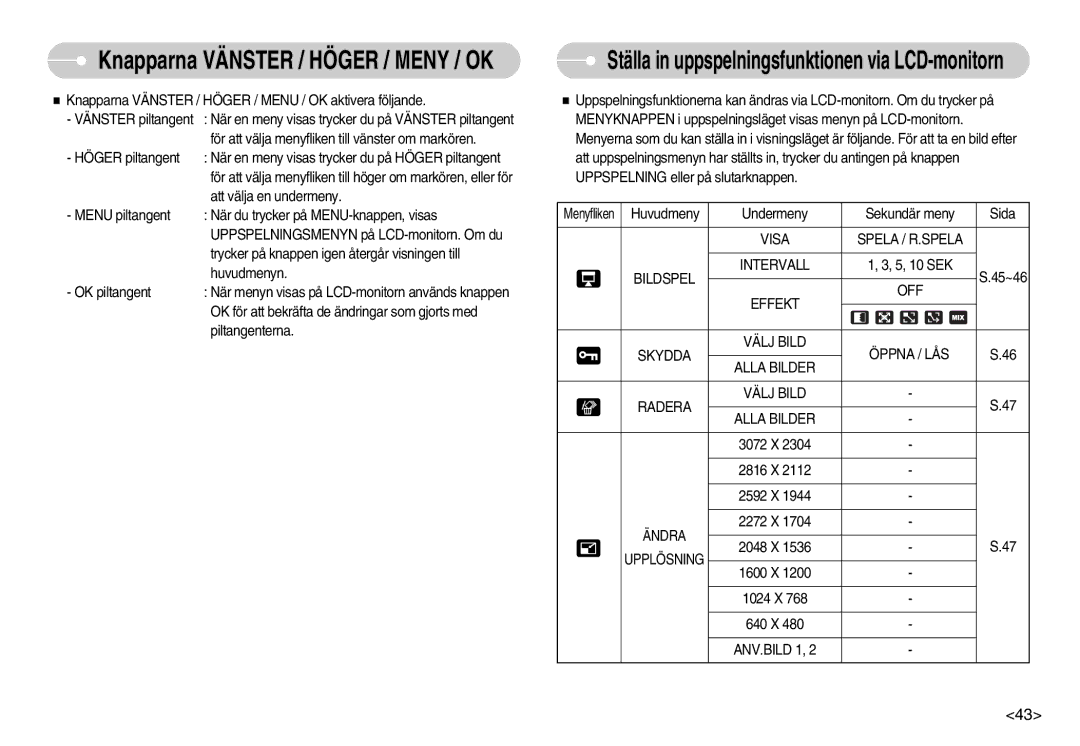 Samsung EC-S800ZBBA/E2 Visa Spela / R.SPELA Bildspel Intervall, Effekt OFF Skydda Välj Bild Öppna / LÅS Alla Bilder Radera 