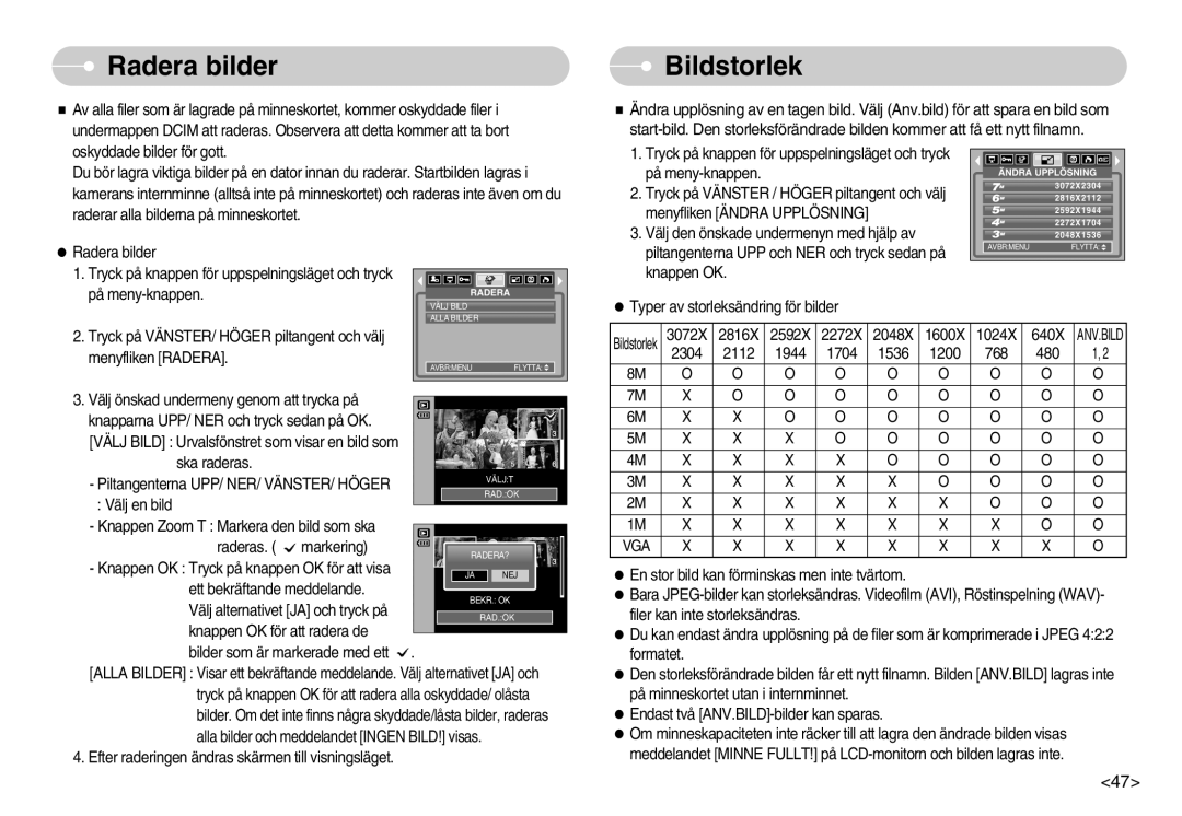 Samsung EC-S800ZBBA/E2 manual Radera bilder, Bildstorlek 