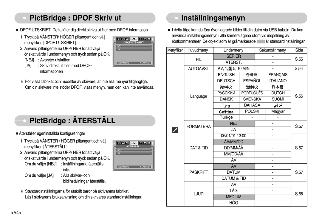 Samsung EC-S800ZBBA/E2 manual PictBridge Dpof Skriv ut, Inställningsmenyn, PictBridge Återställ 