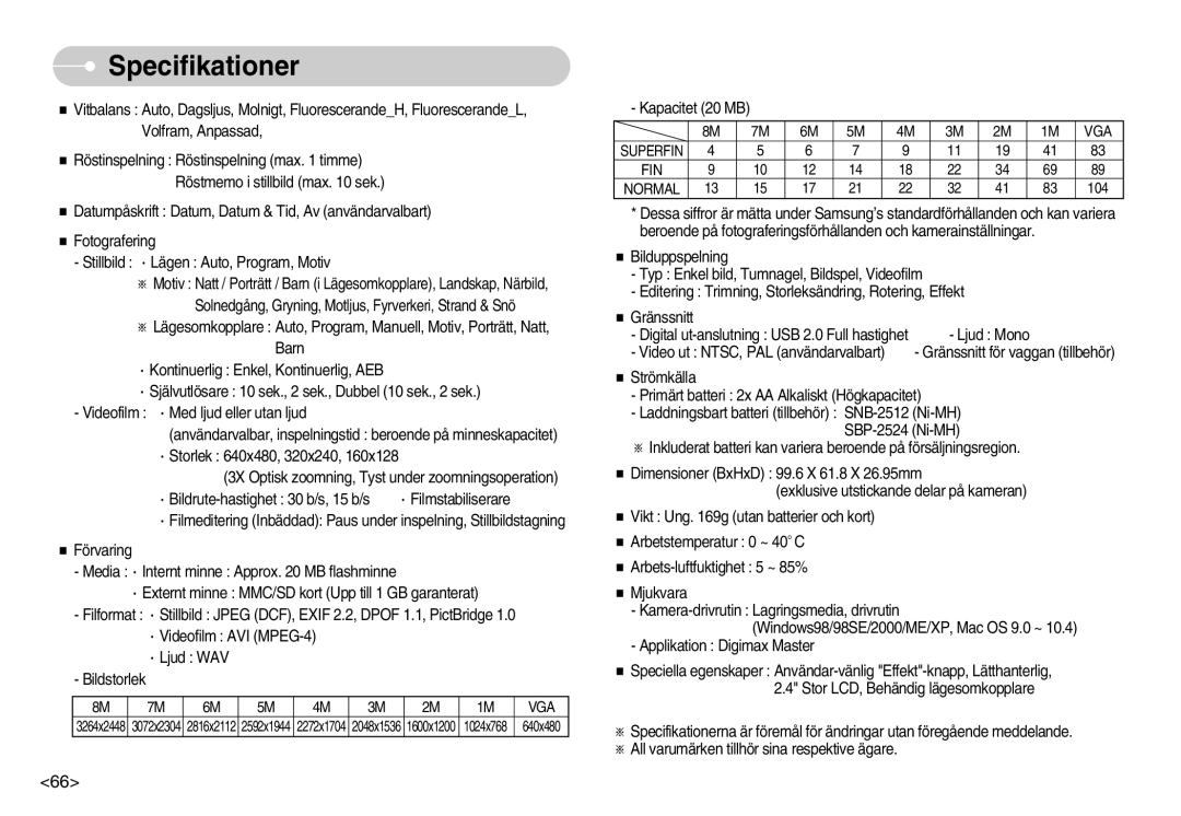 Samsung EC-S800ZBBA/E2 manual Kapacitet 20 MB 