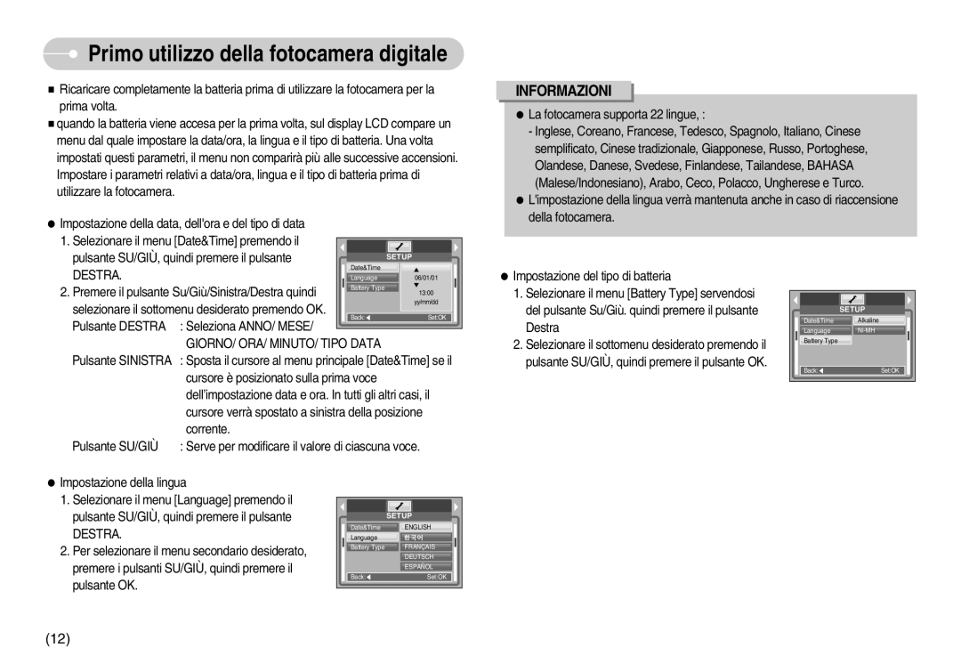 Samsung EC-S800ZBBA/E1, EC-S800ZSBA/E1 manual Destra, GIORNO/ ORA/ MINUTO/ Tipo Data 