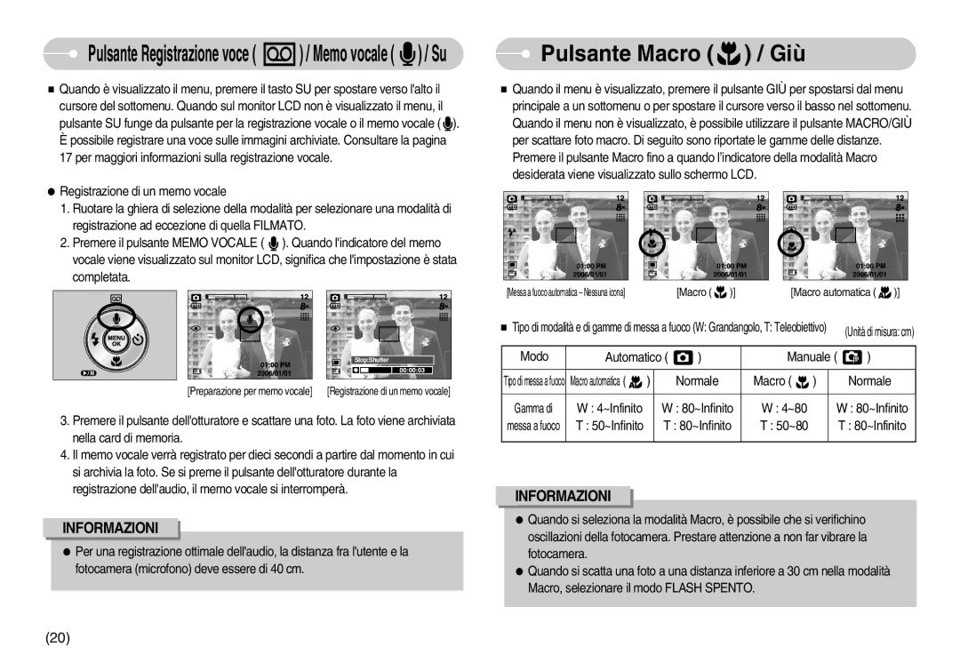 Samsung EC-S800ZBBA/E1, EC-S800ZSBA/E1 manual Pulsante Macro / Giù, Pulsante Registrazione voce / Memo vocale / Su 