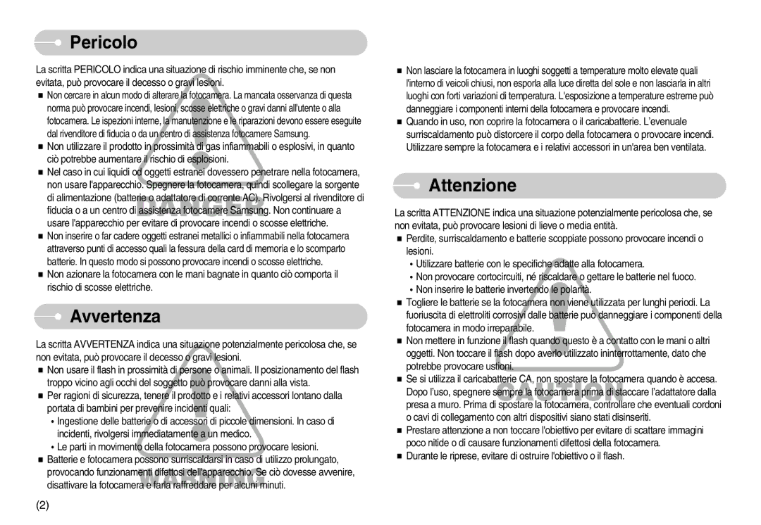 Samsung EC-S800ZBBA/E1, EC-S800ZSBA/E1 manual Pericolo, Avvertenza, Attenzione 