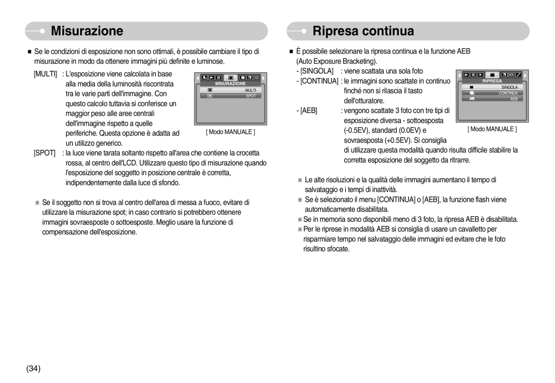 Samsung EC-S800ZBBA/E1, EC-S800ZSBA/E1 manual Misurazione, Ripresa continua, Multi, Spot 