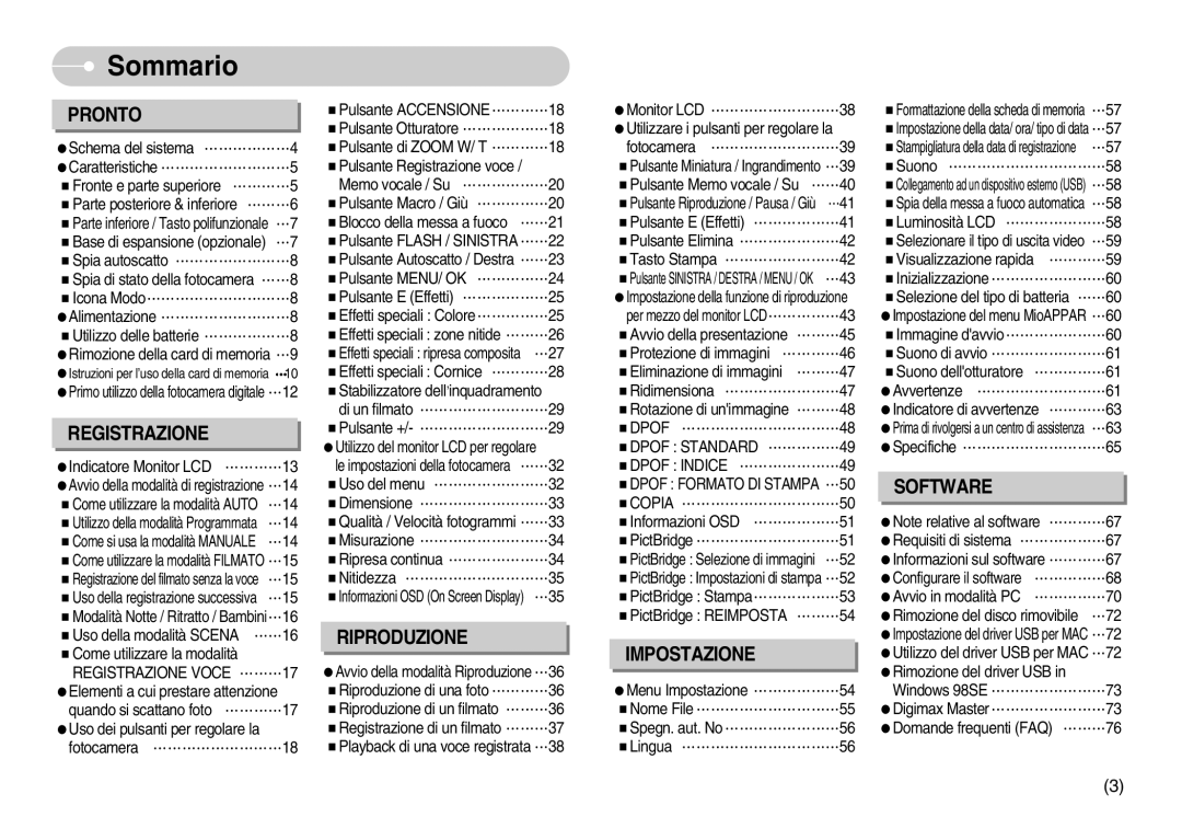 Samsung EC-S800ZSBA/E1, EC-S800ZBBA/E1 manual Sommario 