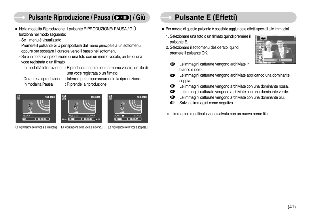 Samsung EC-S800ZSBA/E1, EC-S800ZBBA/E1 manual Pulsante E Effetti, Pulsante Riproduzione / Pausa / Giù 