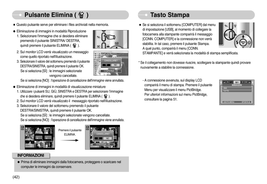 Samsung EC-S800ZBBA/E1, EC-S800ZSBA/E1 manual Pulsante Elimina, Tasto Stampa 