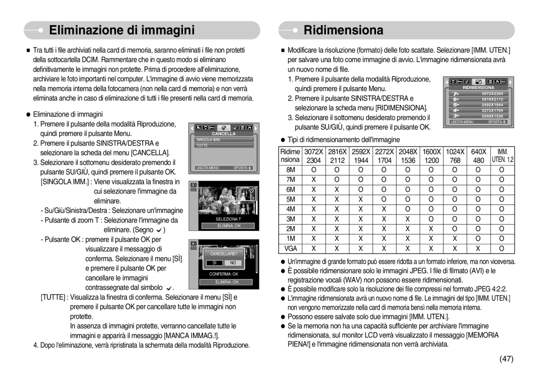 Samsung EC-S800ZSBA/E1, EC-S800ZBBA/E1 manual Eliminazione di immagini, Ridimensiona 