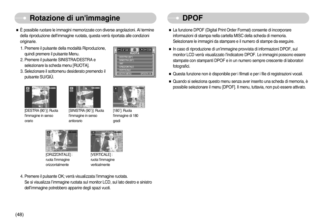 Samsung EC-S800ZBBA/E1, EC-S800ZSBA/E1 manual Rotazione di unimmagine, Dpof 