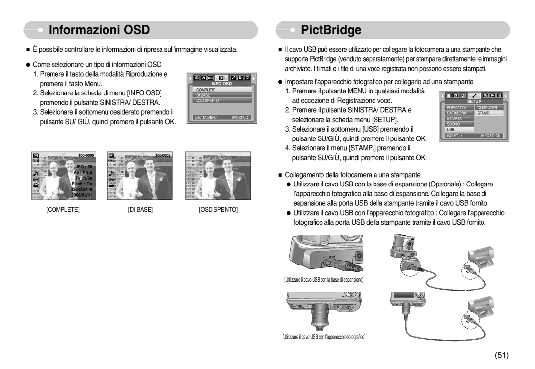 Samsung EC-S800ZSBA/E1, EC-S800ZBBA/E1 manual Informazioni OSD, PictBridge 