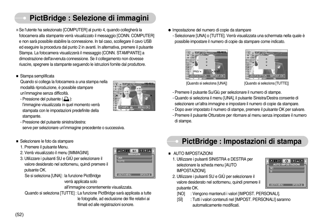 Samsung EC-S800ZBBA/E1 manual PictBridge Selezione di immagini, PictBridge Impostazioni di stampa, Auto Impostazioni 