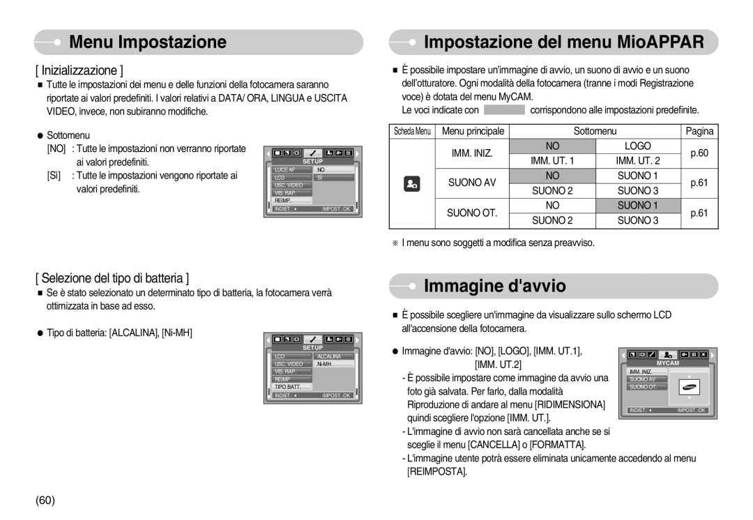 Samsung EC-S800ZBBA/E1, EC-S800ZSBA/E1 Impostazione del menu MioAPPAR, Immagine davvio, IMM. Iniz Logo, Suono AV Suono OT 