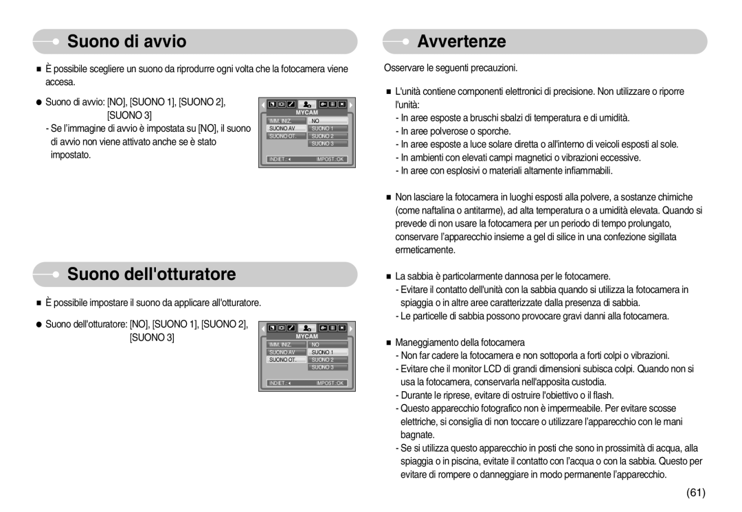 Samsung EC-S800ZSBA/E1, EC-S800ZBBA/E1 manual Suono di avvio, Avvertenze, Suono dellotturatore 