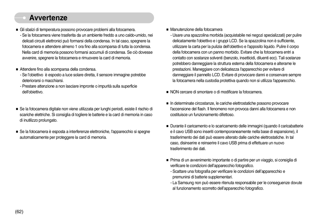 Samsung EC-S800ZBBA/E1, EC-S800ZSBA/E1 manual Avvertenze 