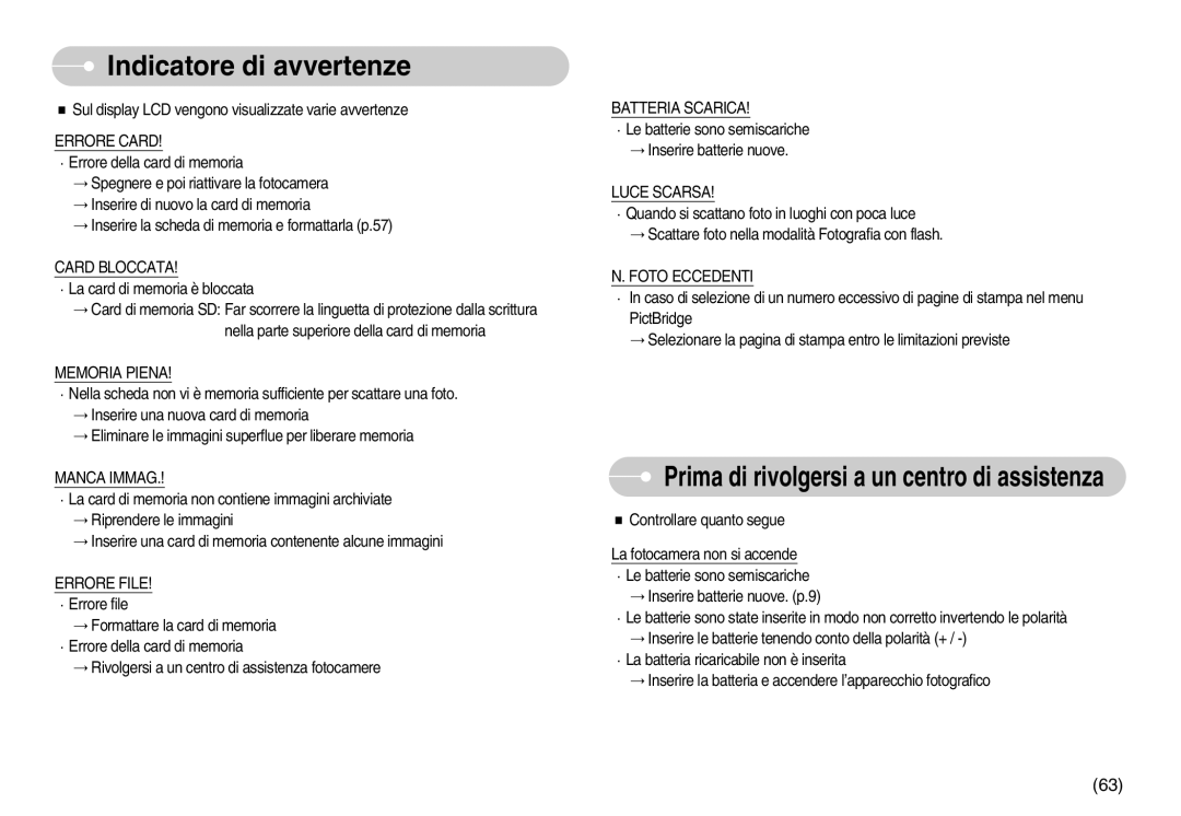 Samsung EC-S800ZSBA/E1, EC-S800ZBBA/E1 manual Indicatore di avvertenze 