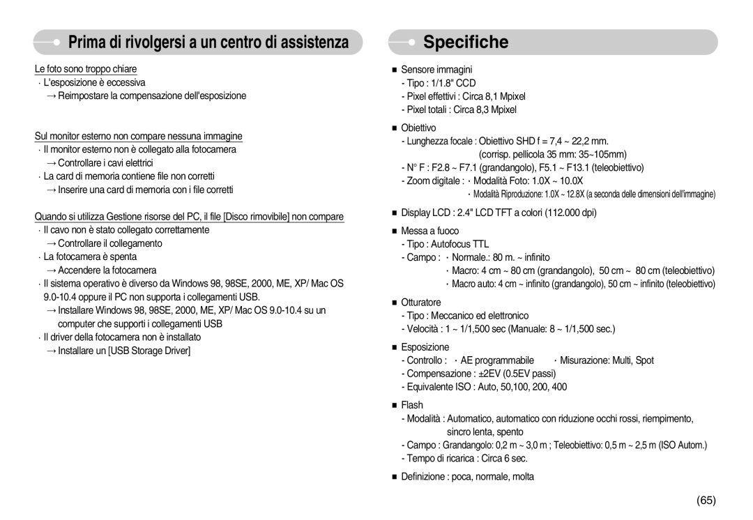 Samsung EC-S800ZSBA/E1, EC-S800ZBBA/E1 manual Specifiche 