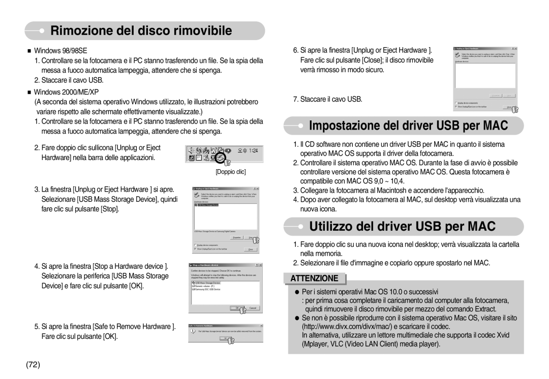 Samsung EC-S800ZBBA/E1, EC-S800ZSBA/E1 manual Rimozione del disco rimovibile, Utilizzo del driver USB per MAC 