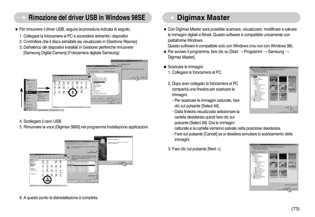 Samsung EC-S800ZSBA/E1, EC-S800ZBBA/E1 manual Digimax Master, Rimozione del driver USB in Windows 98SE 