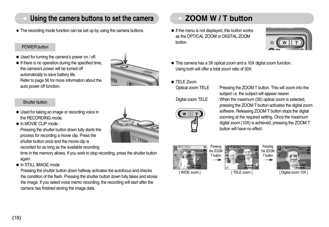 Samsung EC-S800ZSBD/US, EC-S800ZSBA/FR, EC-S800ZSBA/E1 manual Zoom W / T button, Using the camera buttons to set the camera 