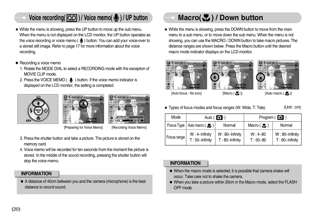 Samsung EC-S800ZBBA/AS, EC-S800ZSBA/FR, EC-S800ZSBA/E1 manual Macro / Down button, Voice recording / Voice memo / UP button 