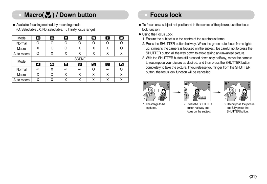 Samsung EC-S800ZSBA/GB, EC-S800ZSBA/FR, EC-S800ZSBA/E1, EC-S800ZBBB/FR, EC-S800ZBBA/E1, EC-S800ZBBA/FR manual Focus lock, Scene 