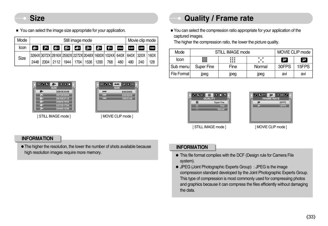 Samsung EC-S800ZBBA/E1, EC-S800ZSBA/FR, EC-S800ZSBA/E1, EC-S800ZBBB/FR, EC-S800ZBBA/FR, EC-S800ZSAB Size, Quality / Frame rate 