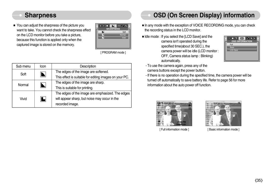 Samsung EC-S800ZBBB/DE, EC-S800ZSBA/FR, EC-S800ZSBA/E1, EC-S800ZBBB/FR manual Sharpness, OSD On Screen Display information 