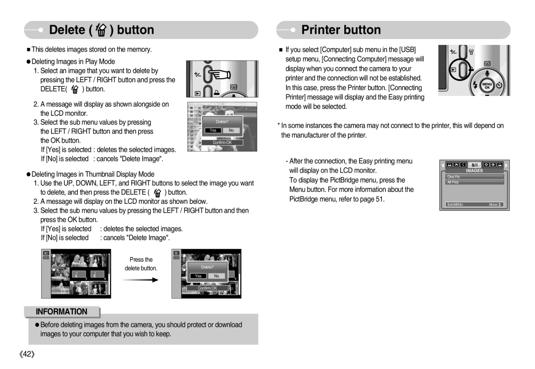 Samsung EC-S800ZBBA/US, EC-S800ZSBA/FR, EC-S800ZSBA/E1, EC-S800ZBBB/FR, EC-S800ZBBA/E1 manual Delete button, Printer button 