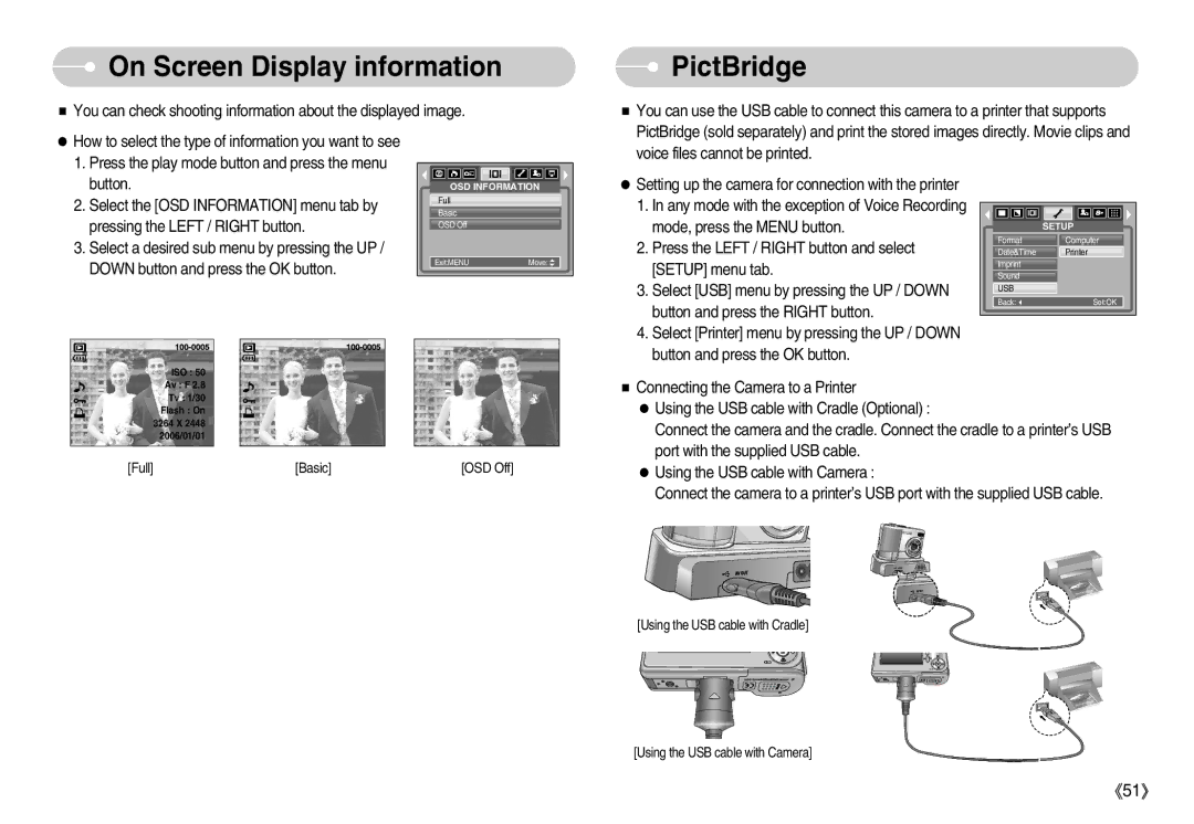 Samsung EC-S800ZBBA/AS, EC-S800ZSBA/FR, EC-S800ZSBA/E1, EC-S800ZBBB/FR, EC-S800ZSAB On Screen Display information, PictBridge 