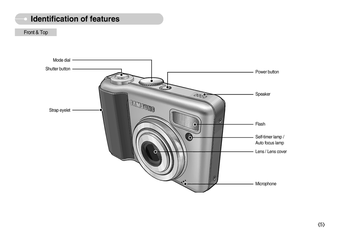 Samsung EC-S800ZSAB, EC-S800ZSBA/FR, EC-S800ZSBA/E1, EC-S800ZBBB/FR, EC-S800ZBBA/E1 Identification of features, Front & Top 