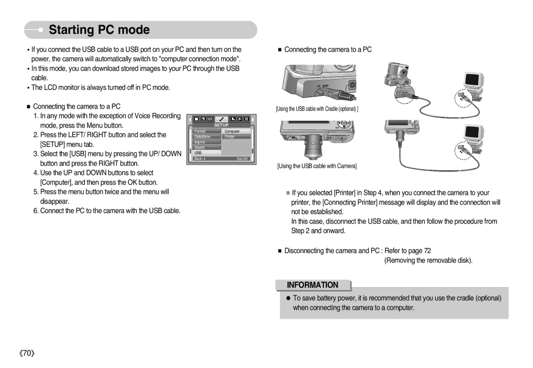 Samsung EC-S800ZSBB/E1, EC-S800ZSBA/FR, EC-S800ZSBA/E1, EC-S800ZBBB/FR, EC-S800ZBBA/E1, EC-S800ZBBA/FR manual Starting PC mode 