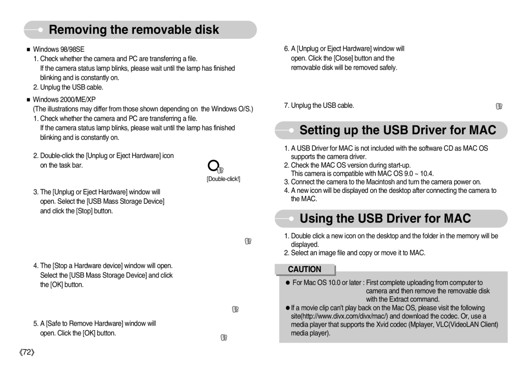 Samsung EC-S800ZBBA/E2 manual Removing the removable disk, Setting up the USB Driver for MAC, Using the USB Driver for MAC 