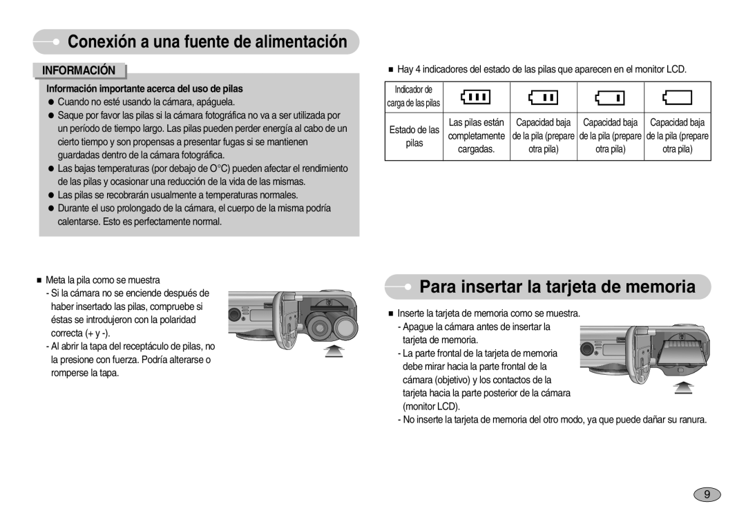 Samsung EC-S830ZBBA/E1, EC-S830ZSBA/E1 manual Para insertar la tarjeta de memoria, Conexión a una fuente de alimentación 