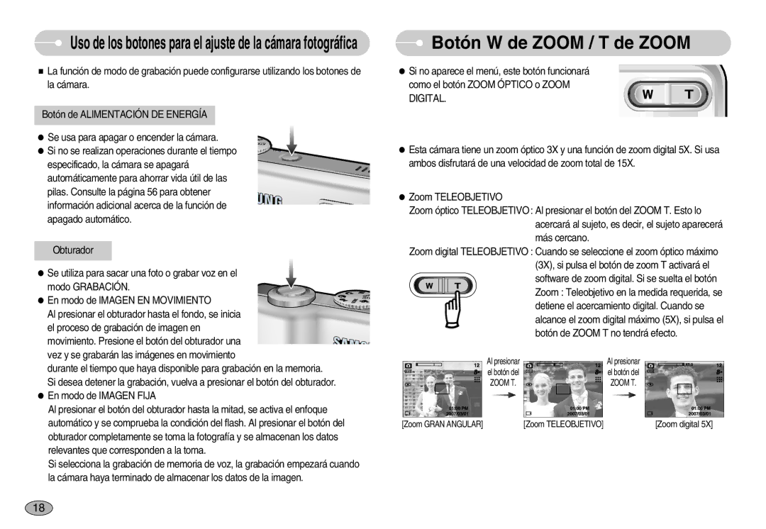 Samsung EC-S830ZBBA/E1 manual Botón W de Zoom / T de Zoom, Uso de los botones para el ajuste de la cámara fotográfica 