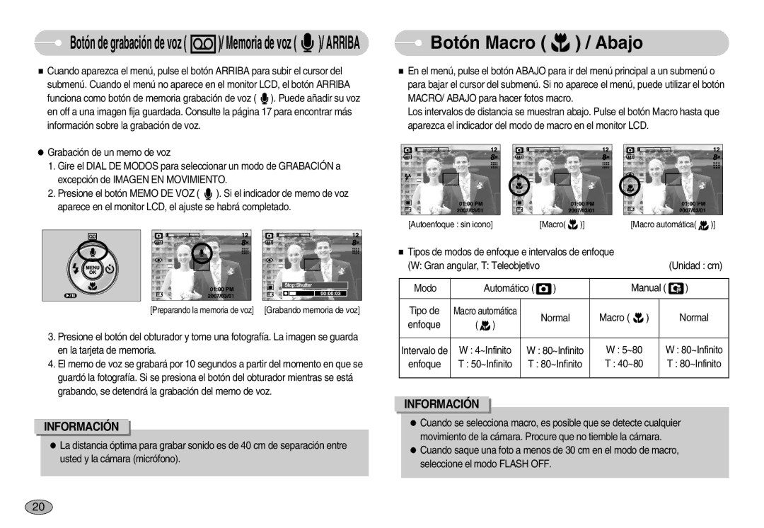 Samsung EC-S830ZSBA/E1, EC-S830ZBBA/E1 manual Botón Macro / Abajo, Botón de grabación de voz / Memoria de voz / Arriba 